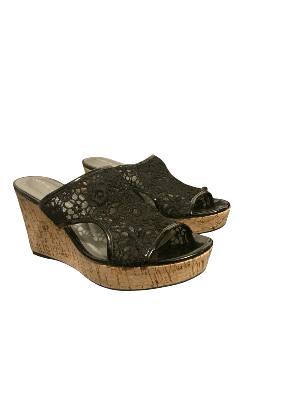 Andrew Geller Black Lace Cork Wedge Slides